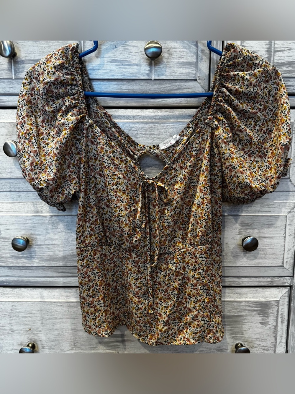 Sienna Sky Brown Floral Puff-Sleeve Peasant Top